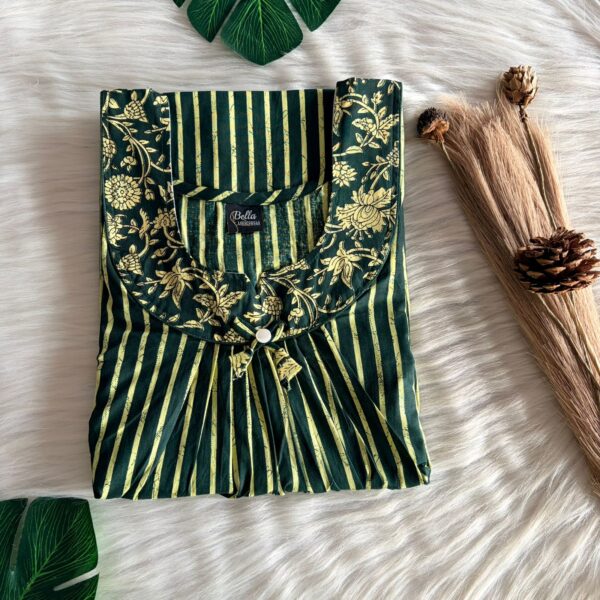 Cream And Green Stripes Printed Premium Cotton No Zip Pleated Nighty | Free Size | Chest Width 44″| Length 55″-56″