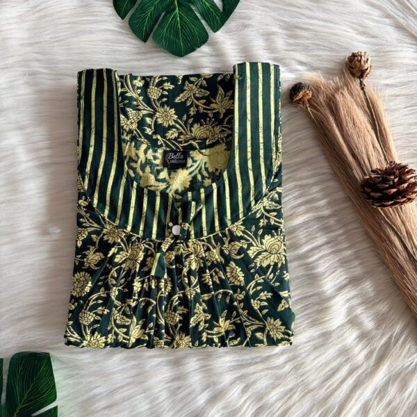 Green And Cream Floral Printed Premium Cotton No Zip Pleated Nighty | Free Size | Chest Width 44″| Length 55″-56″