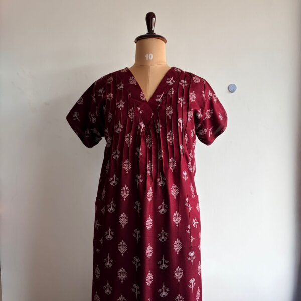 Maroon Floral Printed V-Neck Alpine Churidar Cut Nighty | Free Size | Chest Width 44″| Length 56″