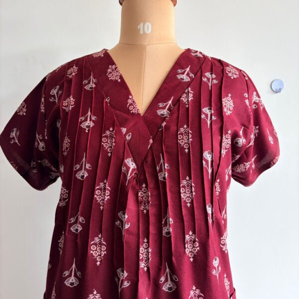 Maroon Floral Printed V-Neck Alpine Churidar Cut Nighty | Free Size | Chest Width 44″| Length 56″ - Image 2