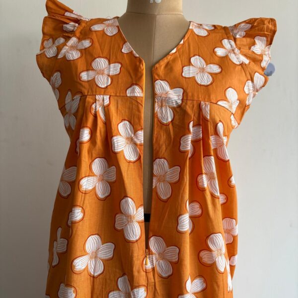 Orange Floral Printed Premium Cotton V- Neck Ruffle Sleeve Long Zip Short Maternity Gown | Free Size | Chest Width 44″| Length 44″ - Image 2