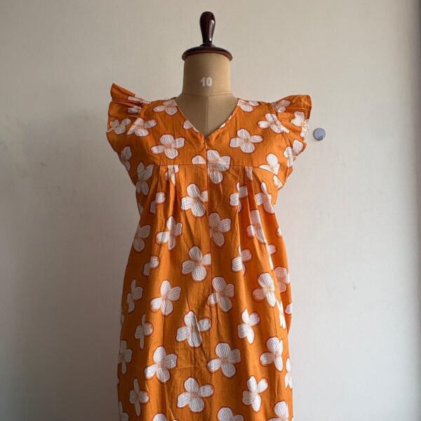 Orange Floral Printed Premium Cotton V- Neck Ruffle Sleeve Long Zip Short Maternity Gown | Free Size | Chest Width 44″| Length 44″