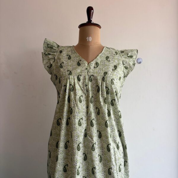 Green Printed Premium Cotton V- Neck Ruffle Sleeve Long Zip Short Maternity Gown | Free Size | Chest Width 44″| Length 44″
