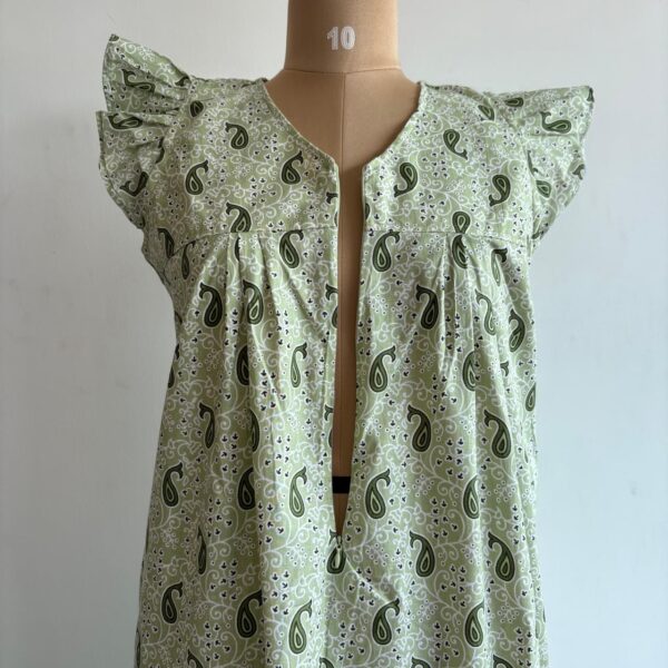 Green Printed Premium Cotton V- Neck Ruffle Sleeve Long Zip Short Maternity Gown | Free Size | Chest Width 44″| Length 44″ - Image 2
