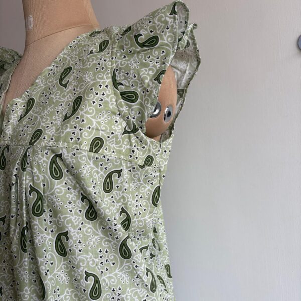 Green Printed Premium Cotton V- Neck Ruffle Sleeve Long Zip Short Maternity Gown | Free Size | Chest Width 44″| Length 44″ - Image 3