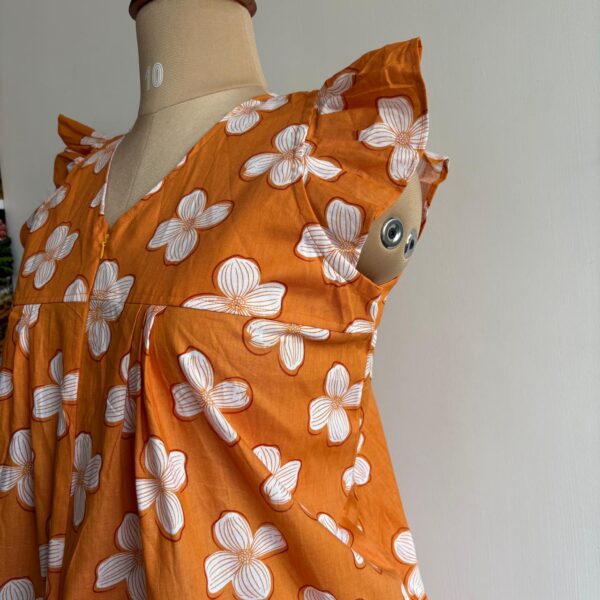 Orange Floral Printed Premium Cotton V- Neck Ruffle Sleeve Long Zip Short Maternity Gown | Free Size | Chest Width 44″| Length 44″ - Image 3