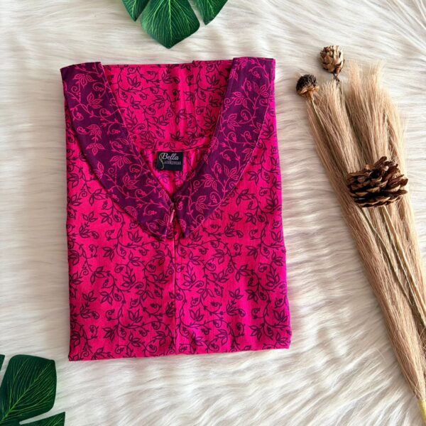 Purple And Pink Floral Printed Premium Cotton Peter Pan Collar Long Zip Feeding Nighty | Free Size | Chest Width 44″| Length 56″