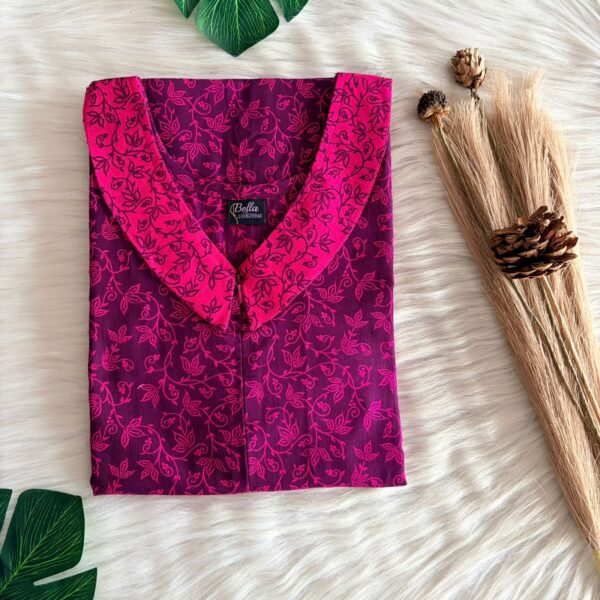 Pink And Purple Floral Printed Premium Cotton Peter Pan Collar Long Zip Feeding Nighty | Free Size | Chest Width 44″| Length 56″