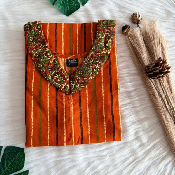 Green And Orange Stripes Printed Premium Cotton Peter Pan Collar Long Zip Feeding Nighty | Free Size | Chest Width 44″| Length 56″