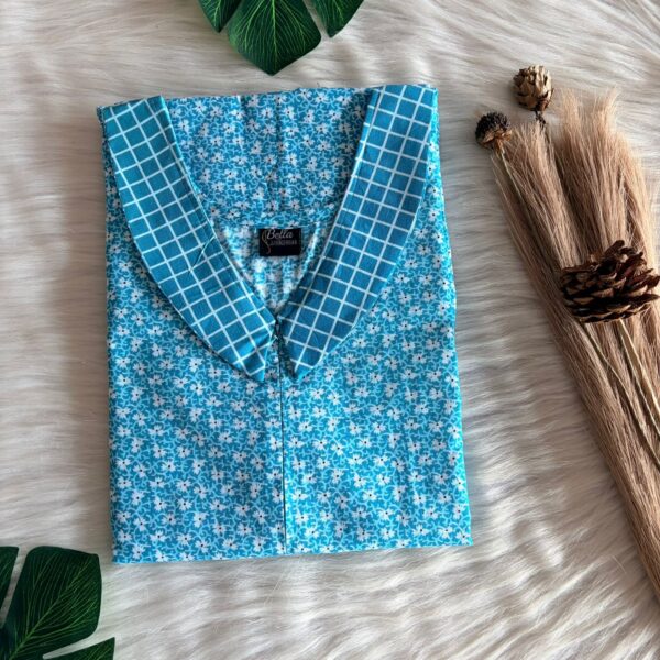 Aqua Green And Blue Floral Printed Premium Cotton Peter Pan Collar Long Zip Feeding Nighty | Free Size | Chest Width 44″| Length 56″