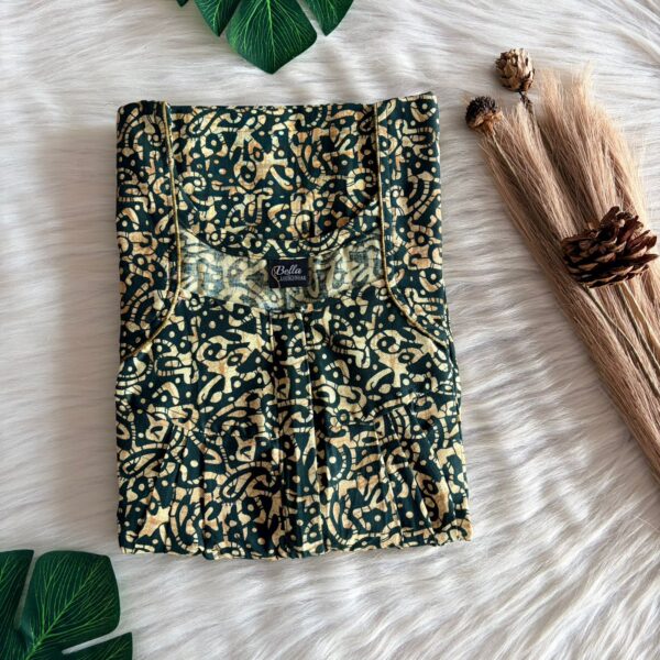 Green And Cream Printed Premium Cotton Pleated Zip Nighty | Free Size | Chest Width 44″| Length 54″-55″