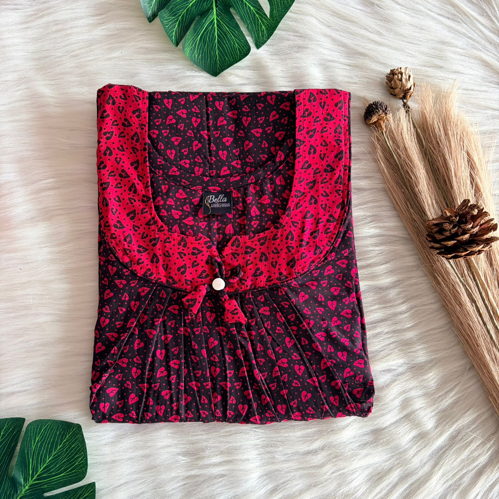 Pink And Black Leaf Printed Premium Cotton No Zip Pleated Nighty | Free Size | Chest Width 44″| Length 55″-56″