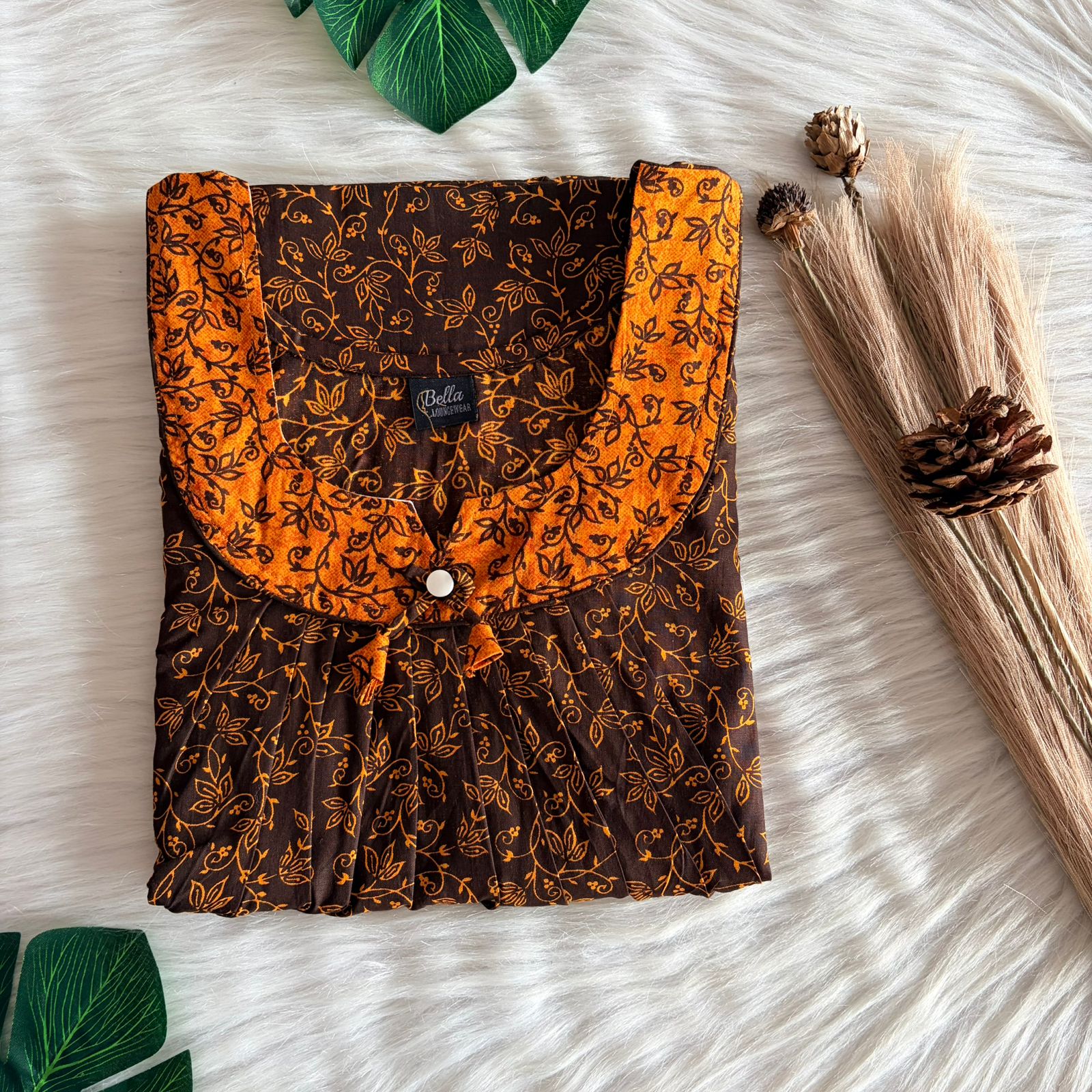 Yellow And Brown Floral Printed Premium Cotton No Zip Pleated Nighty | Free Size | Chest Width 44″| Length 55″-56″
