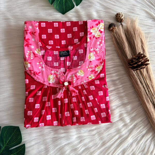 Peach And Red Printed Premium Cotton No Zip Pleated Nighty | Free Size | Chest Width 44″| Length 55″-56″
