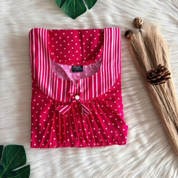 White And Pink Dot Printed Premium Cotton No Zip Pleated Nighty | Free Size | Chest Width 44″| Length 55″-56″