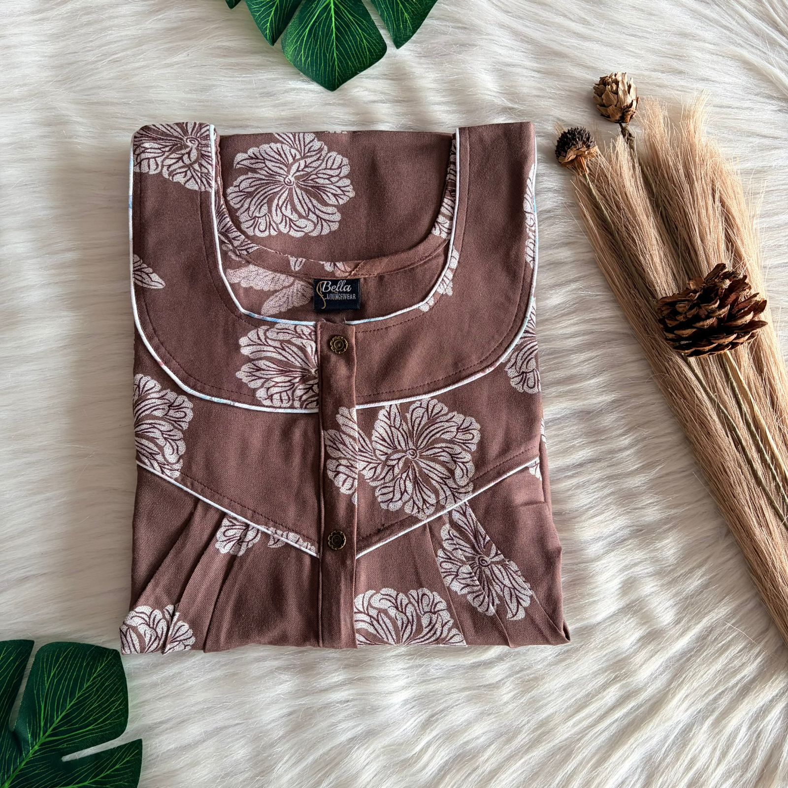 Brown Floral Printed Alpine Long Zip Feeding Nighty | Free Size | Chest Width 44″| Length 56″