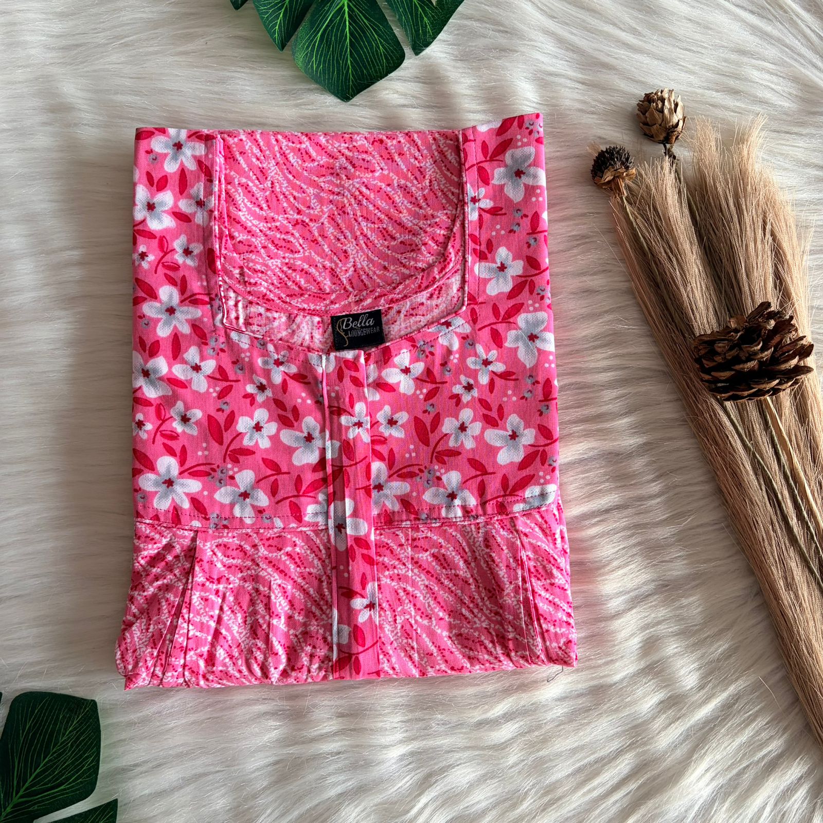White And Peach Printed Premium Cotton Pleated Vertical Zip Feeding Nighty | Free Size | Chest Width 44″| Length 54″-56″
