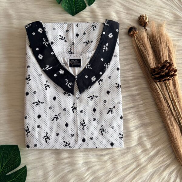 Black And White Dot Printed Premium Cotton Peter Pan Collar Nighty | Free Size | Chest Width 44″| Length 55″-56″