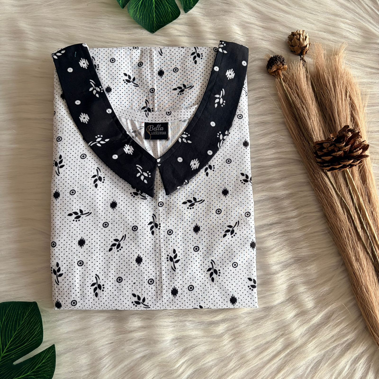 Black And White Dot Printed Premium Cotton Peter Pan Collar Nighty | Free Size | Chest Width 44″| Length 55″-56″