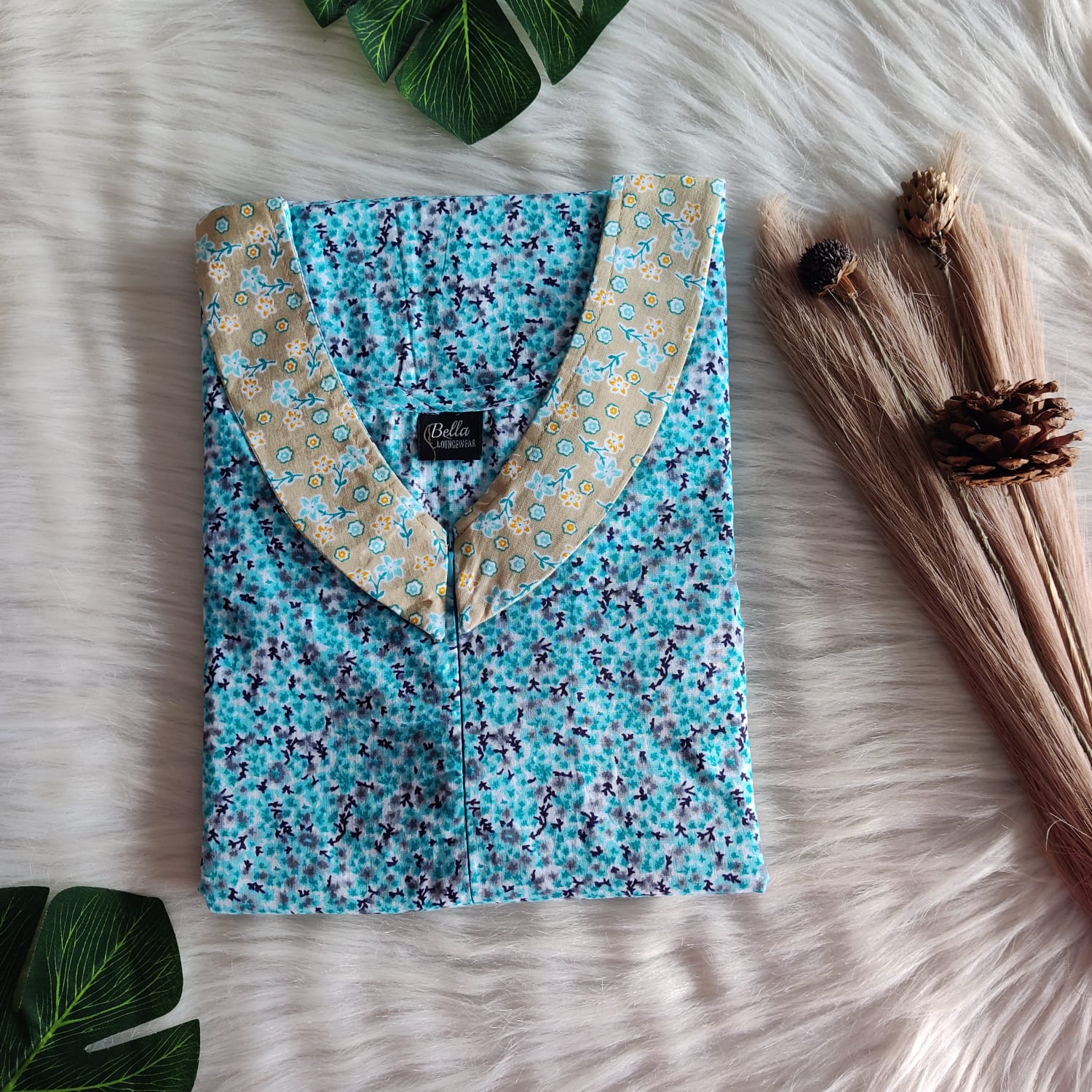 Cream And Green Printed Premium Cotton Peter Pan Collar Long Zip Feeding Nighty | Free Size | Chest Width 44″| Length 56″