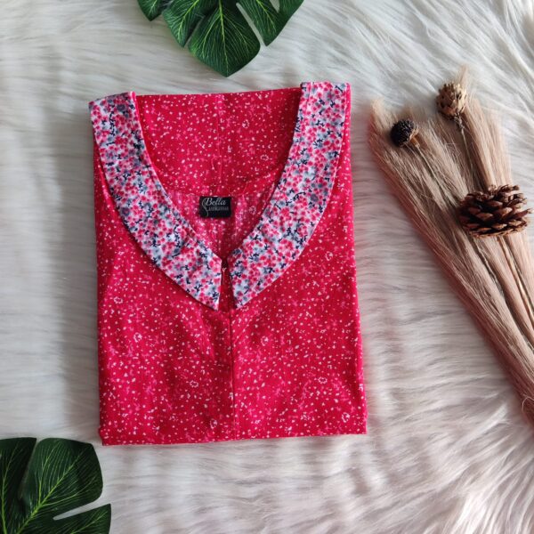 White And Red Printed Premium Cotton Peter Pan Collar Nighty | Free Size | Chest Width 44″| Length 55″-56″