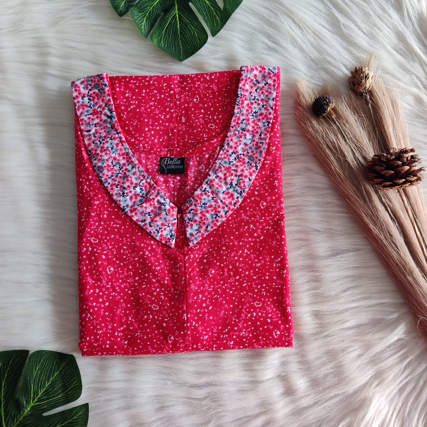 White And Red Printed Premium Cotton Peter Pan Collar Nighty | Free Size | Chest Width 44″| Length 55″-56″