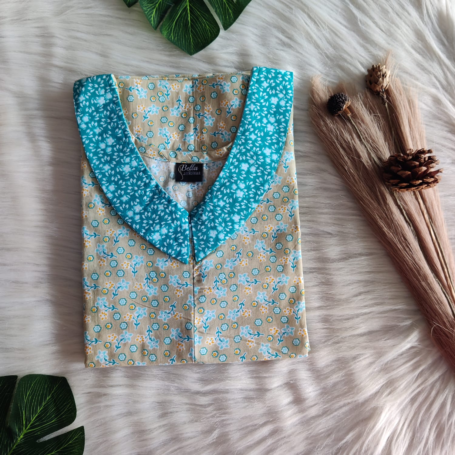 Aqua Green And Cream Floral Printed Premium Cotton Peter Pan Collar Nighty | Free Size | Chest Width 44″| Length 55″-56″