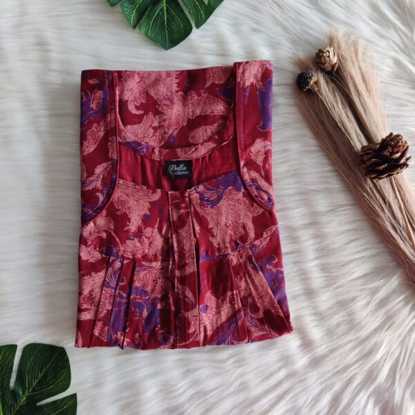 Maroon Printed Discharge Cotton Pleated Zip Nighty | Free Size | Chest Width 44″| Length 54″-55″