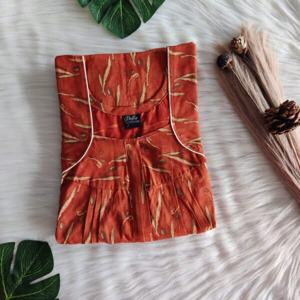 Orange Printed Discharge Cotton Pleated Zip Nighty | Free Size | Chest Width 44″| Length 54″-55″