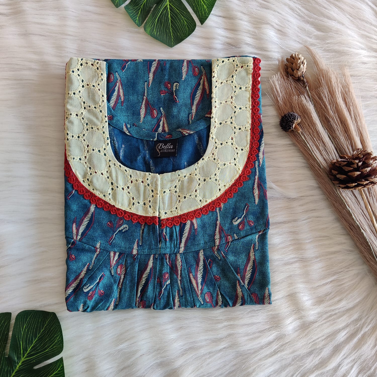 Blue Printed Discharge Cotton Hakoba Lace Nighty | Free Size | Chest Width 44″| Length 54″-56″