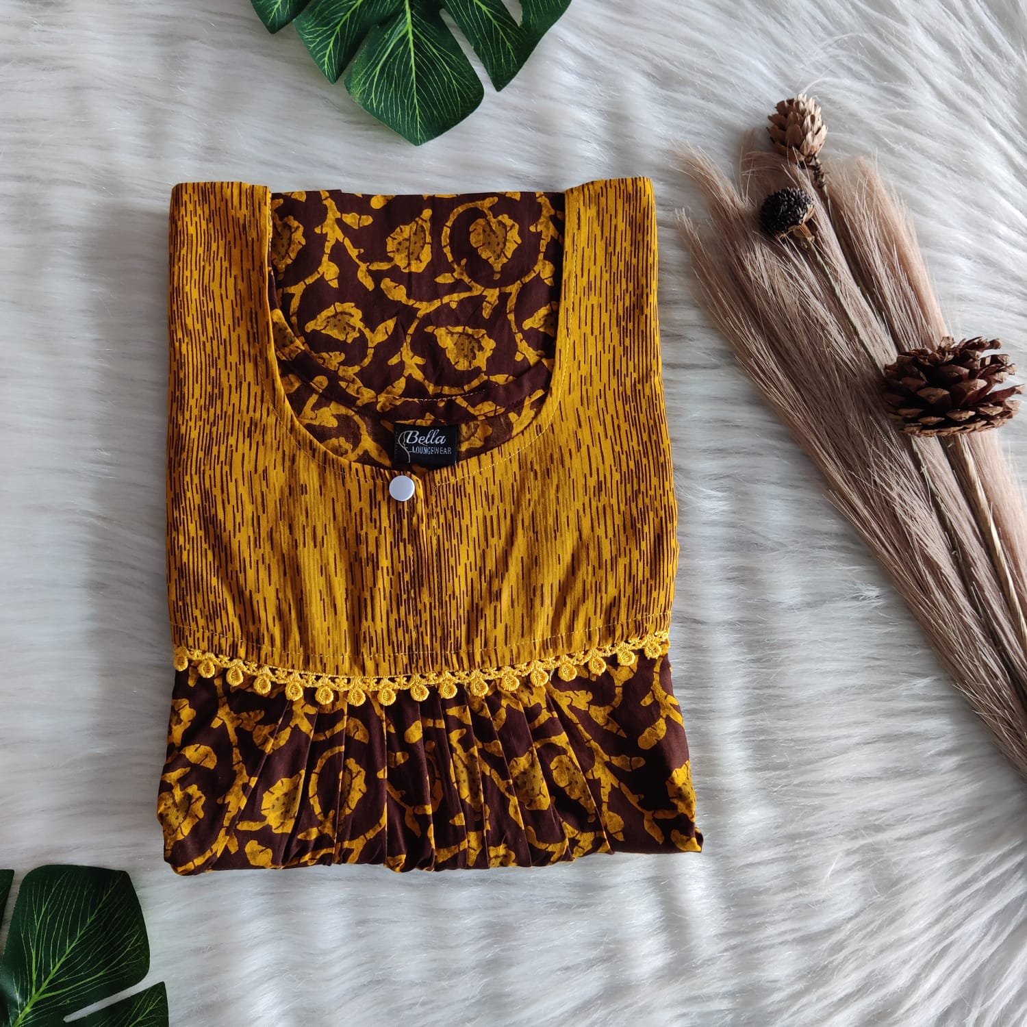 Yellow And Coffee Brown Printed Premium Cotton Lace Nighty | Free Size | Chest Width 44″| Length 54″-56″