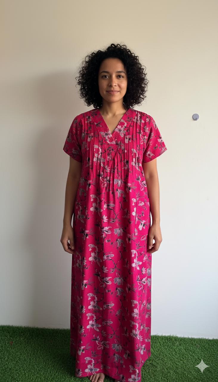 Pink Floral Printed V-Neck Alpine 60 Inch Length Churidar Cut Nighty | Free Size | Chest Width 44″ - Image 3