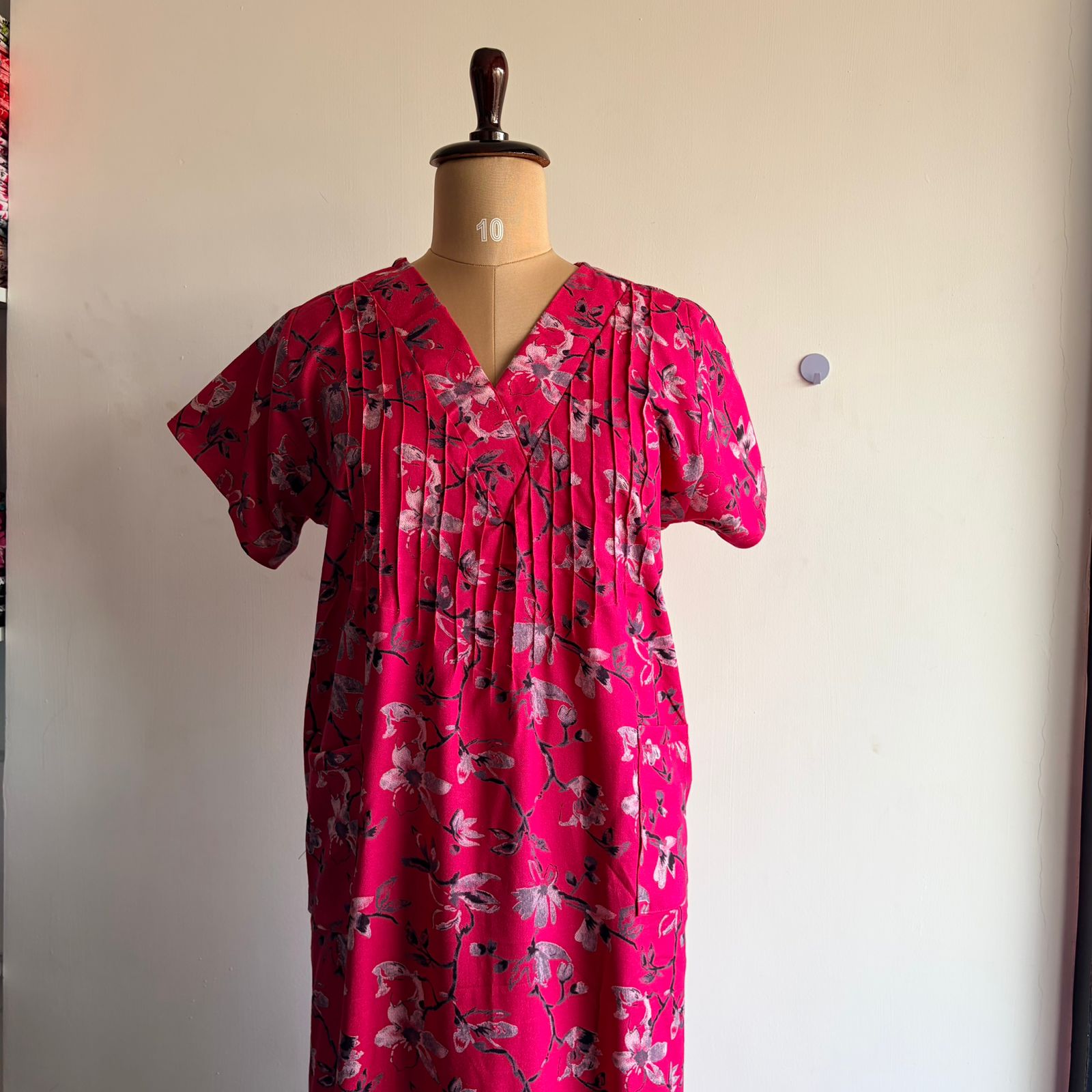 Pink Floral Printed V-Neck Alpine 60 Inch Length Churidar Cut Nighty | Free Size | Chest Width 44″